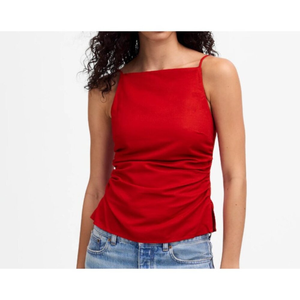 Madewell Women's 2 Ruched Linen‎ Bld Squareneck Tank Blouse Sleeveless Red NWT